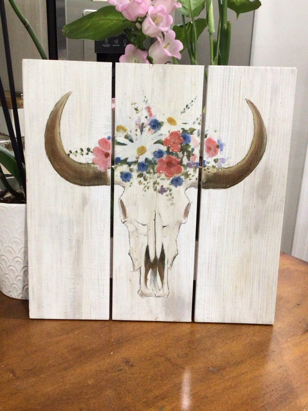 Floral Longhorn Skull Wood Wall Art - White Background